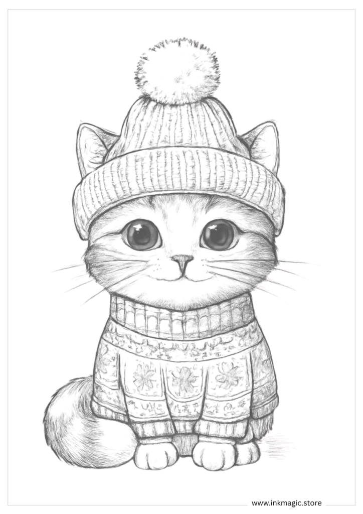 Cute cat wearing winter wears coloring page
