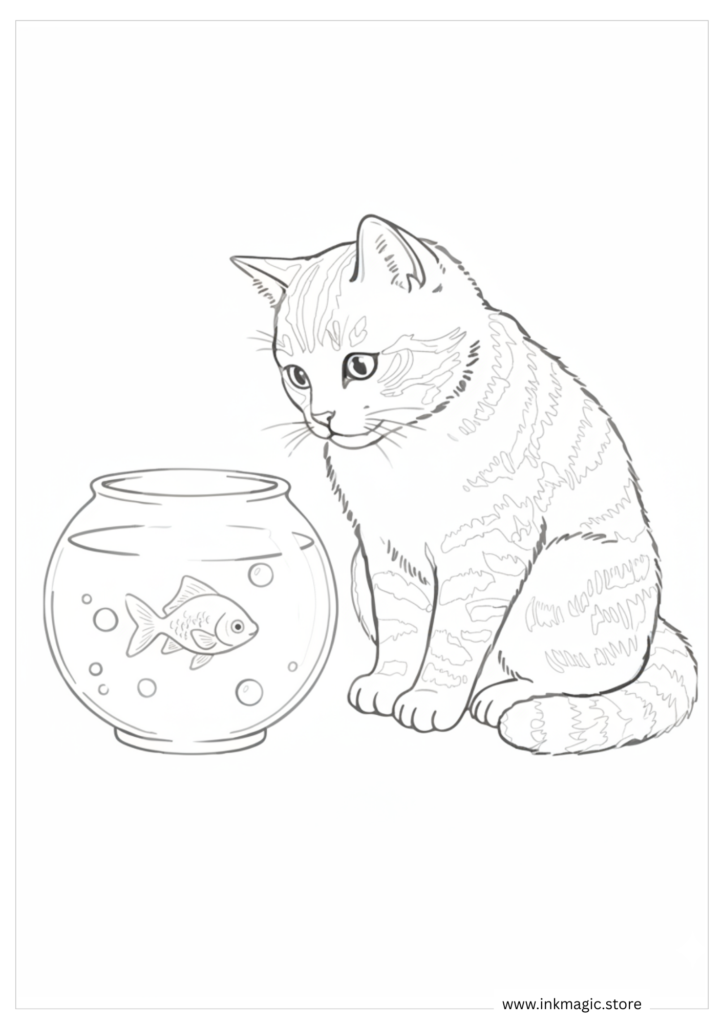 Cat with fishbowl coloring page